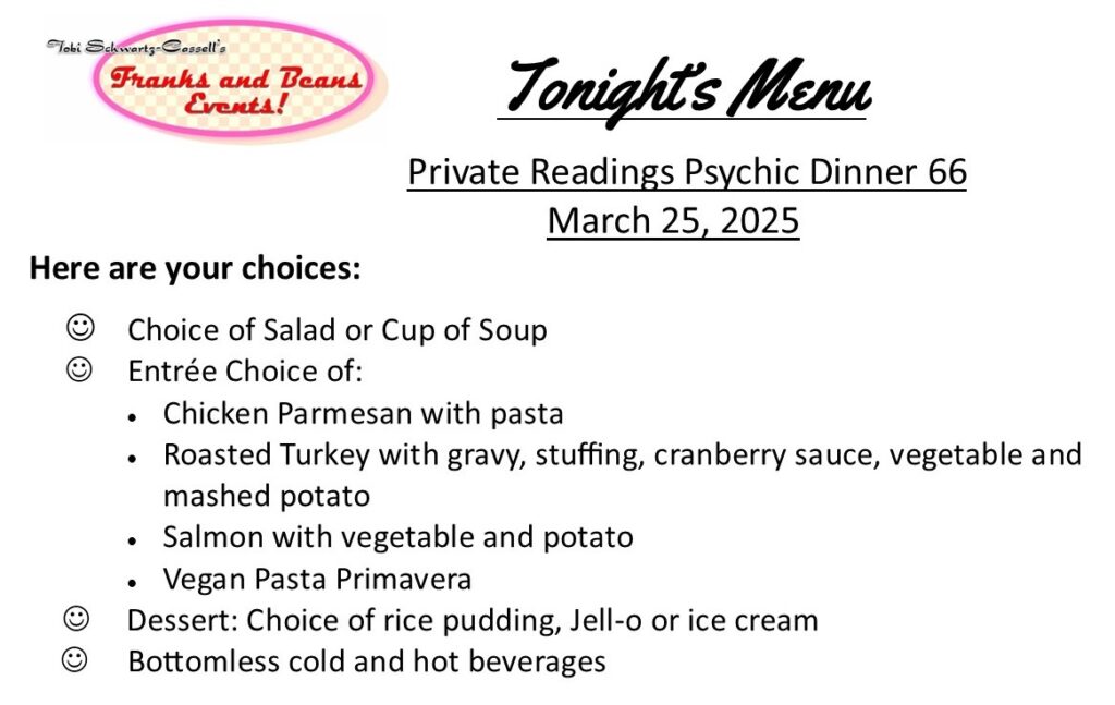 March 25 Psychic Dinner Menu with Mashed and Pasta